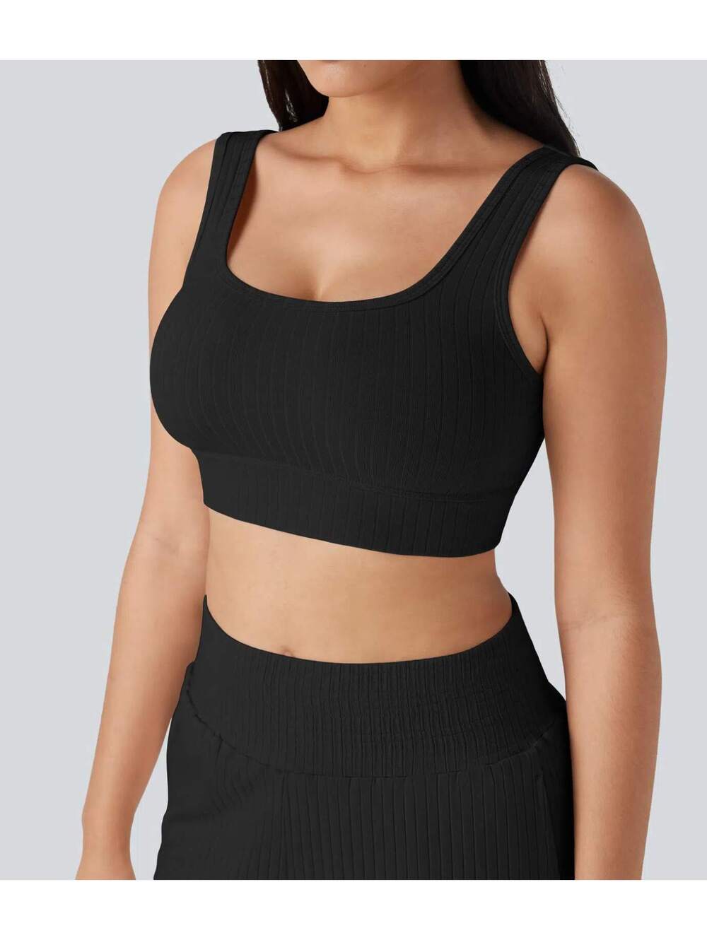 Halara Ribbed Knit U-Neck Cropped Casual Tank Top Black Size XL